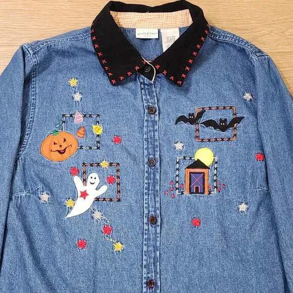 White Stag Denim Shirt Embroidered Fall Pumpkin Corduroy Collar 16W Plus Jean - Picture 1 of 11